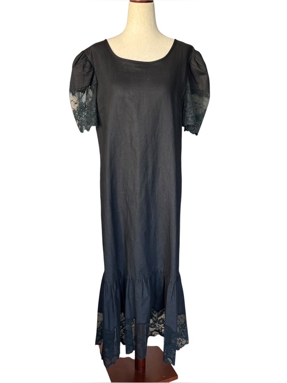 Vintage 80s Axiom Classic Black Linen Midi Dress with Lace Trim Large